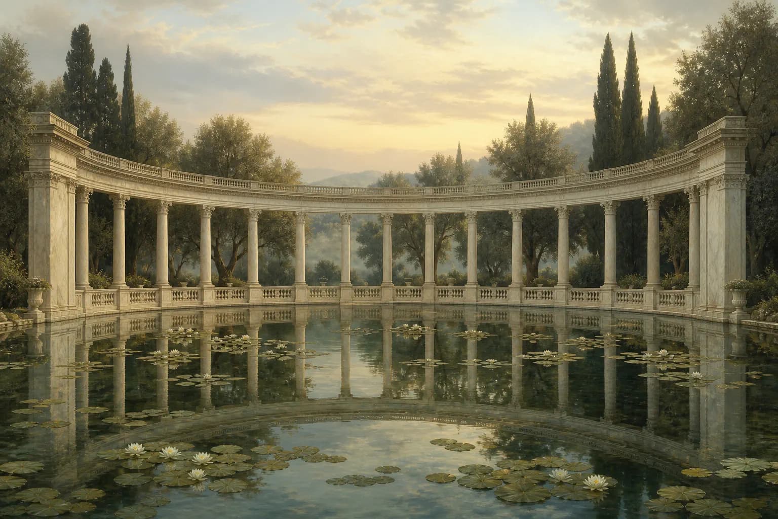 A marble colonnade mirrored in still water