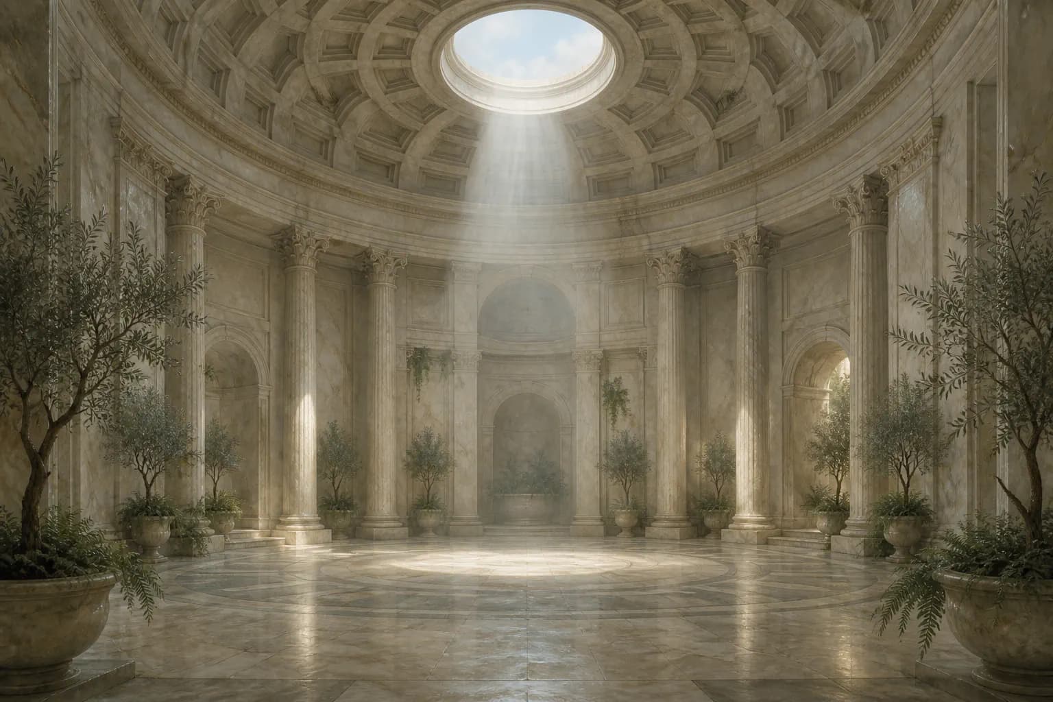 The interior of a marble rotunda lit by a shaft of daylight from its oculus