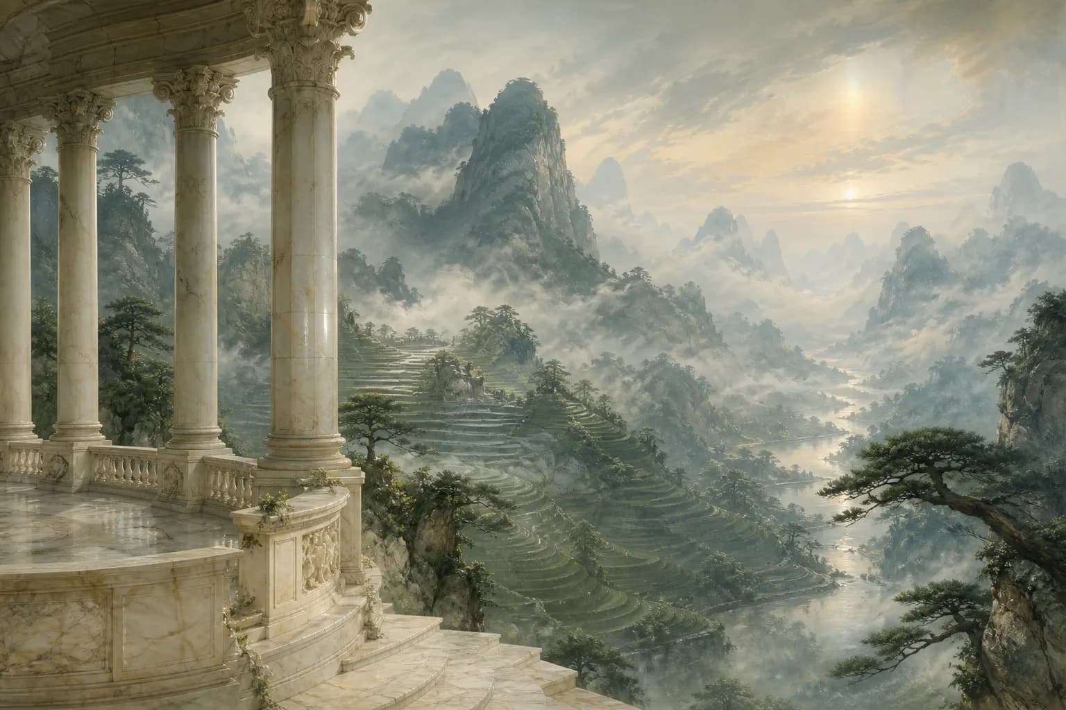 A marble terrace looking out over mist-wrapped terraced mountains