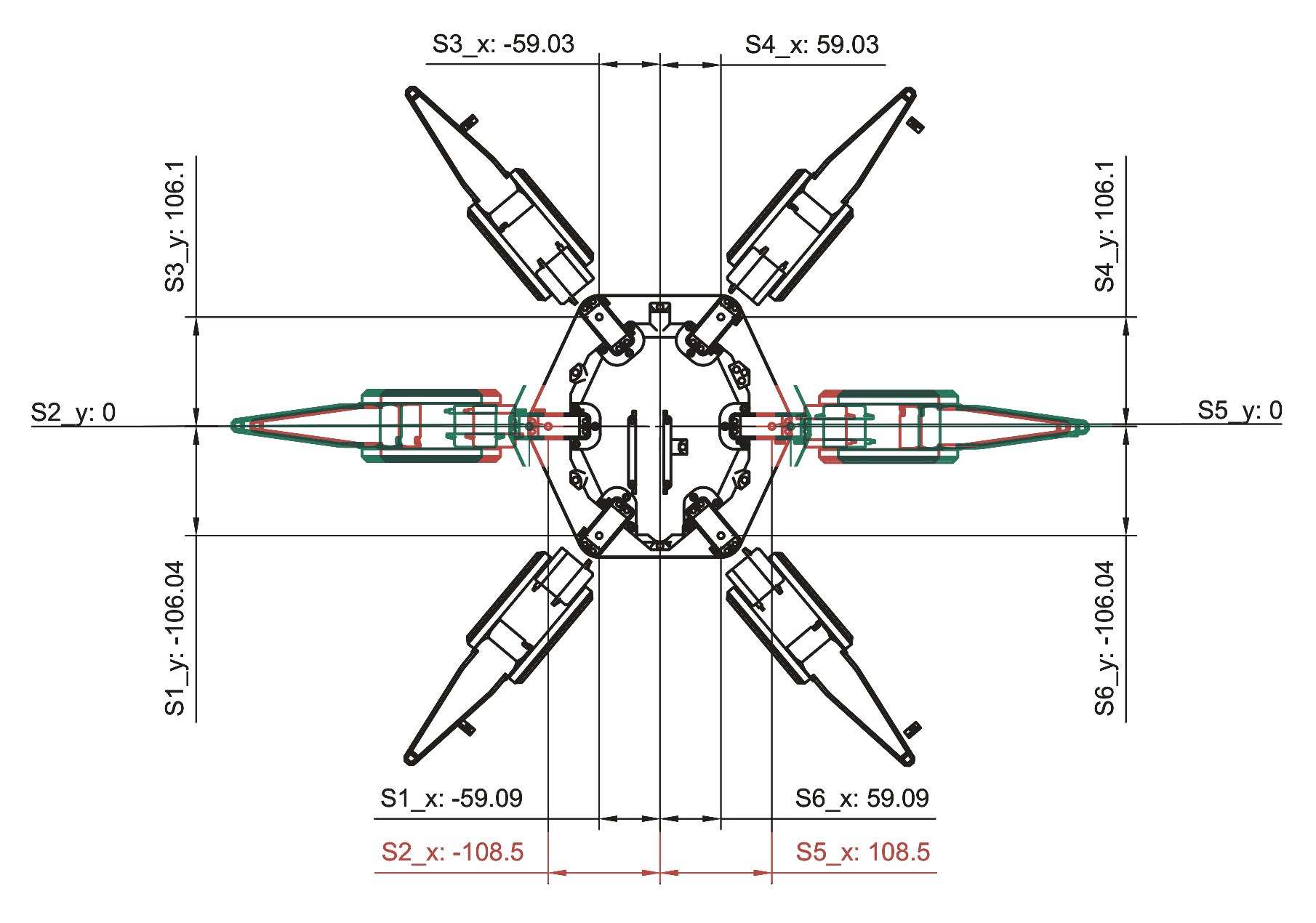 The Hex1 leg measurement drawing with the released V1 position of the S2 and S5 legs in red and the staged V2 position in green