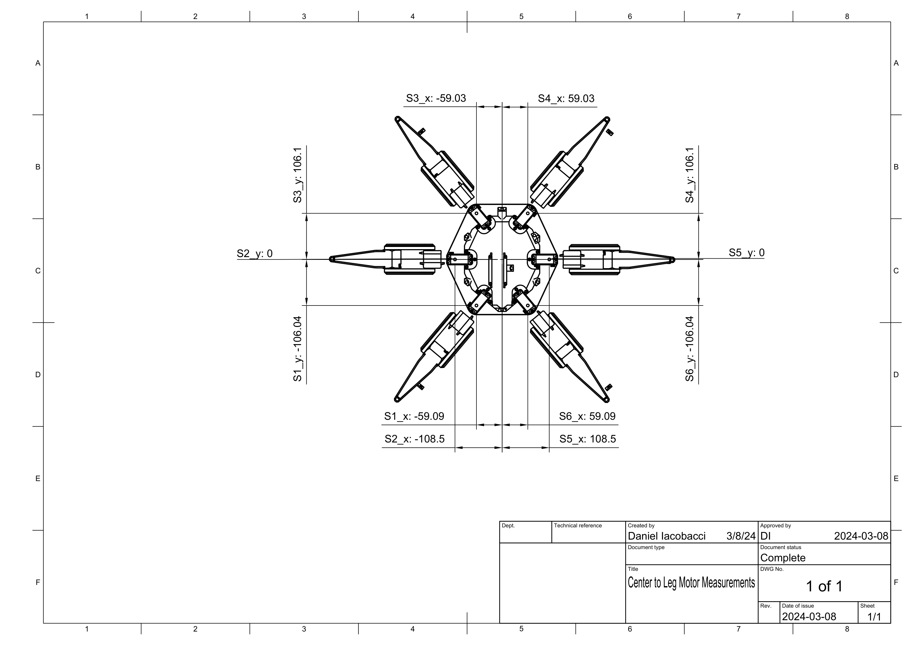 Hex1 center to leg motor measurement drawing